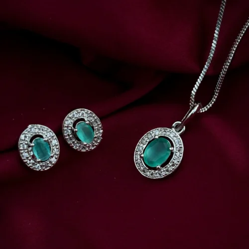 Lisa Premium American Diamond Pendent With Earring - Mint