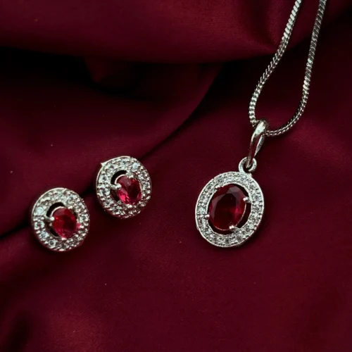 Lisa Premium American Diamond Pendent With Earring - Ruby