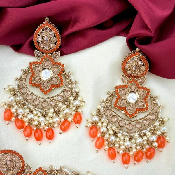Meher Premium American Diamond Earrings With Mangteeka - Orange