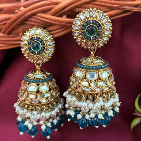 Najar Premium Polki Jhumka - Teal Green