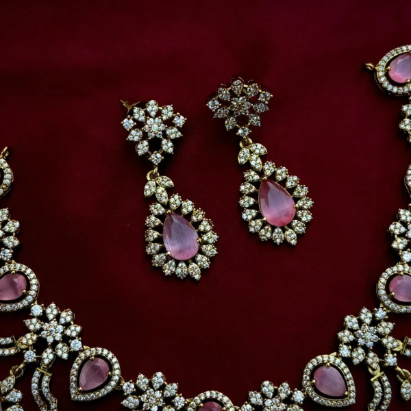 Anam American  Diamond  Necklace Set - Pink
