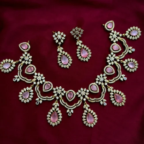 Anam American  Diamond  Necklace Set - Pink