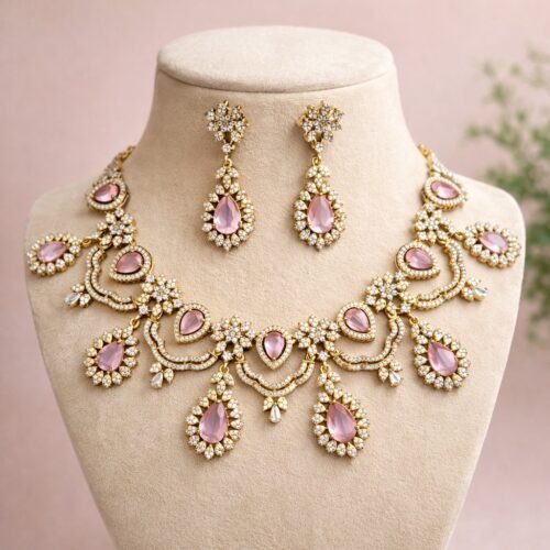 Anam American  Diamond  Necklace Set - Pink
