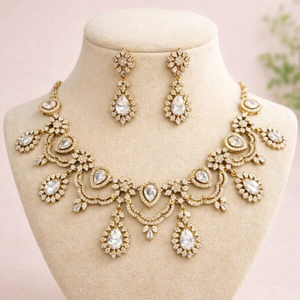 Anam American  Diamond  Necklace Set - White