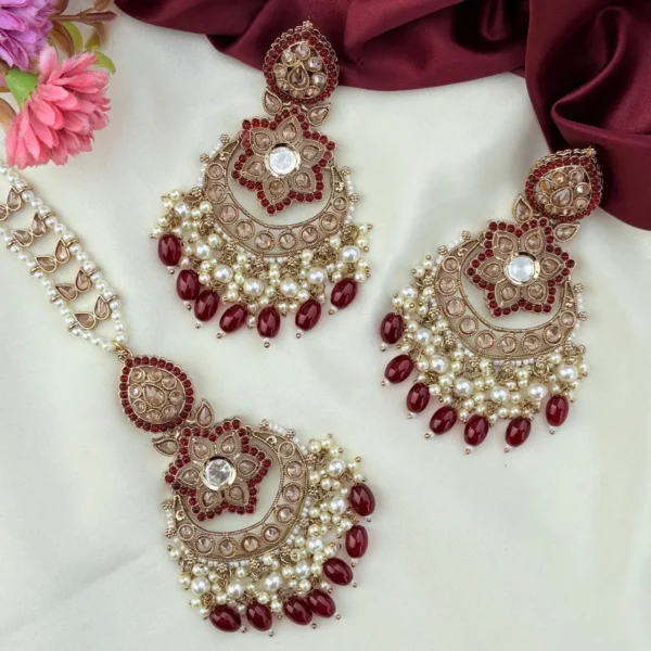 Meher Premium American Diamond Earrings With Mangteeka - Maroon