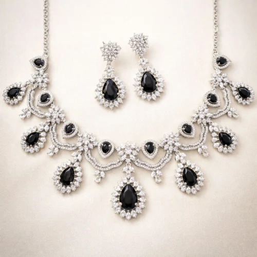 Anam 2.O American Diamond Necklace Set - Black