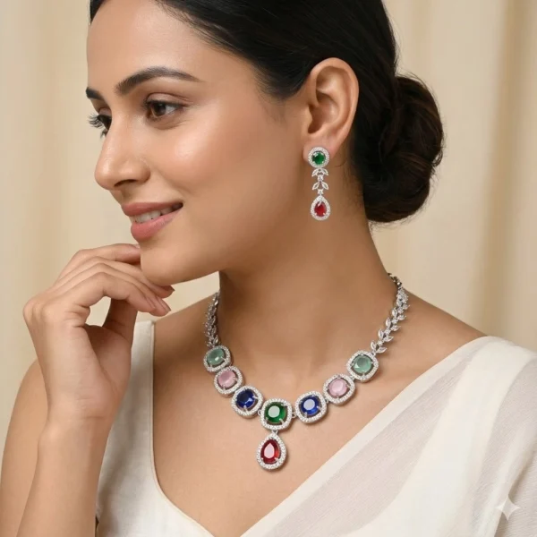 Navya Premium Minimal American Diamond Set - Multi