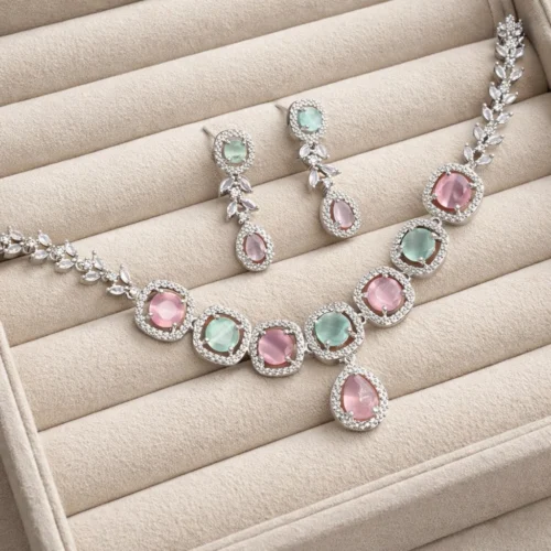 Navya Premium Minimal American Diamond Set - Pastel