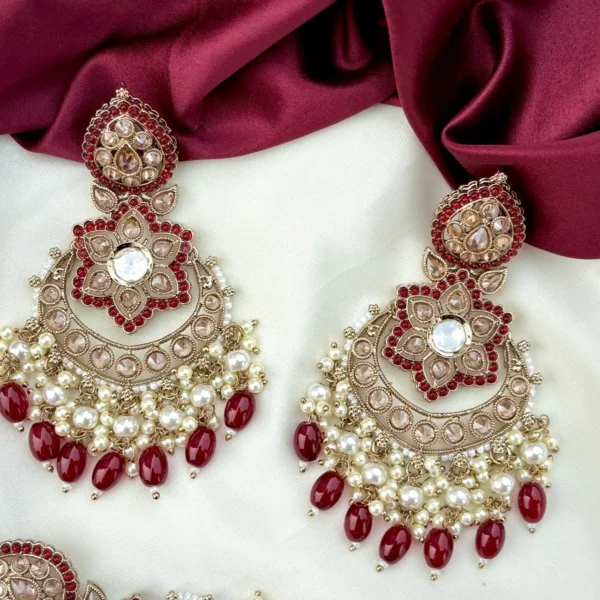 Meher Premium American Diamond Earrings With Mangteeka - Maroon
