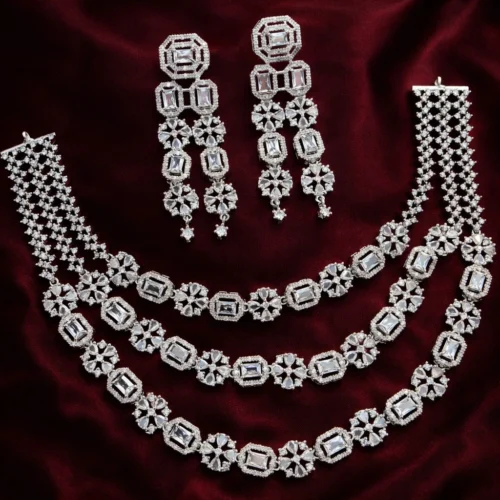Humaira Premium 3 Layer American Diamond Set - White