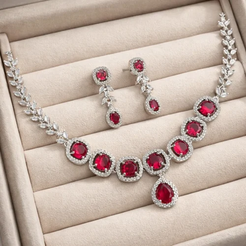 Navya Premium Minimal American Diamond Set - Ruby