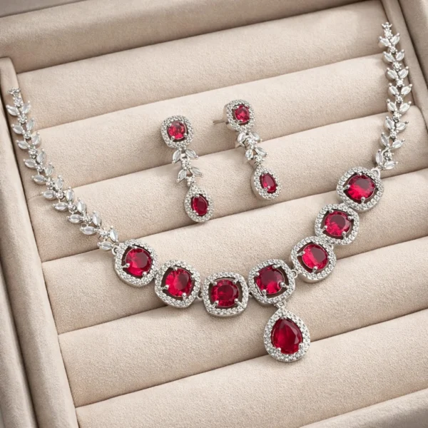 Navya Premium Minimal American Diamond Set - Ruby