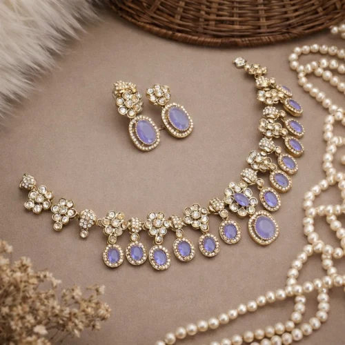 Sanwal Metal Brass Necklace With Polki Dupes - Lavender
