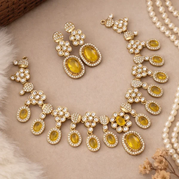 Sanwal Metal Brass Necklace With Polki Dupes - Yellow