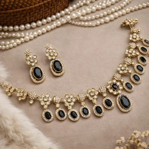 Sanwal Metal Brass Necklace With Polki Dupes - Black