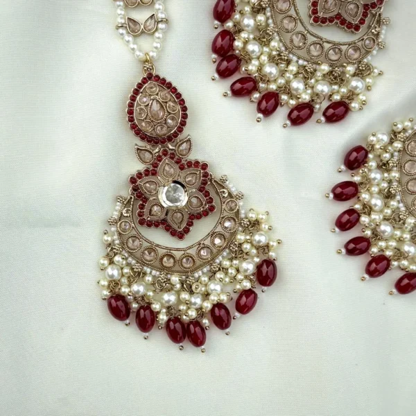 Meher Premium American Diamond Earrings With Mangteeka - Maroon