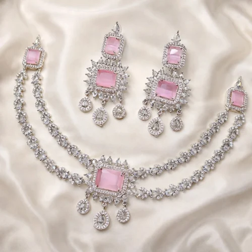 Rashi 2 Layer Premium American Diamond Set - Pink