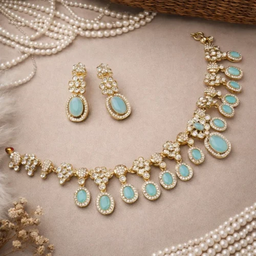 Sanwal Metal Brass Necklace With Polki Dupes - Blue